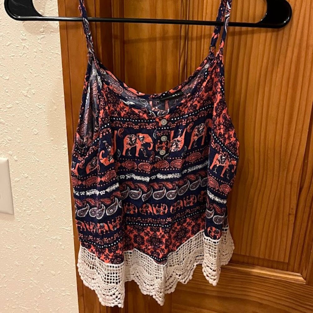 Rue 21 Spaghetti Strap Tank Top, Elephant Pattern, Blue/Coral/Cream, Lace Hem, S
